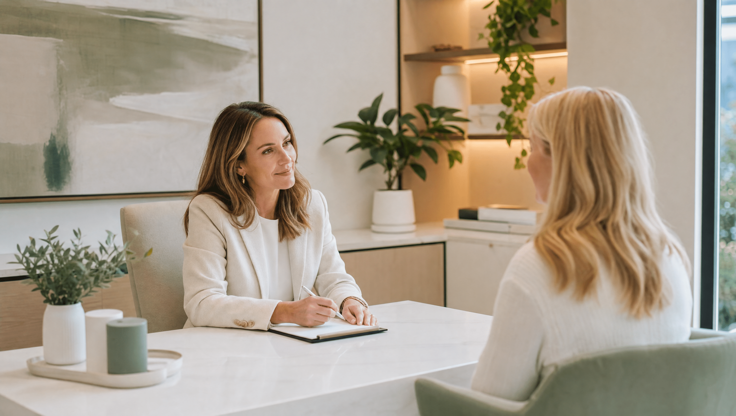 A cosmetic doctor discussing anti-wrinkle injections with a patient during a consultation at a North Sydney clinic