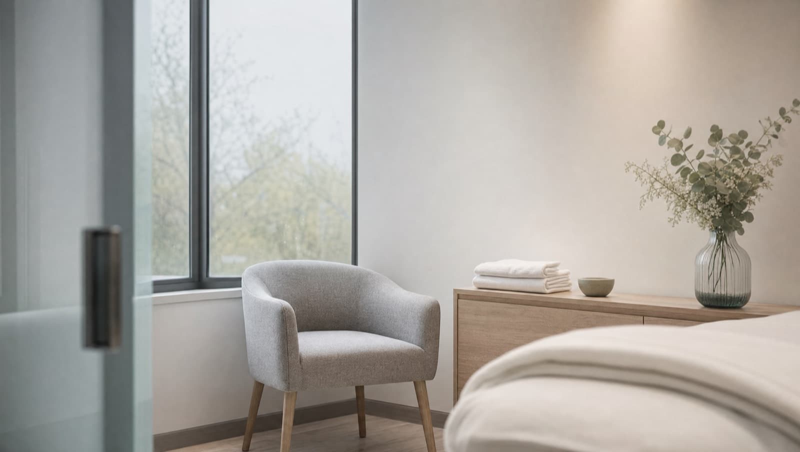 A softly lit, empty treatment room at a doctor-led cosmetic clinic in North Sydney, with a grey armchair, folded linen and a bright window