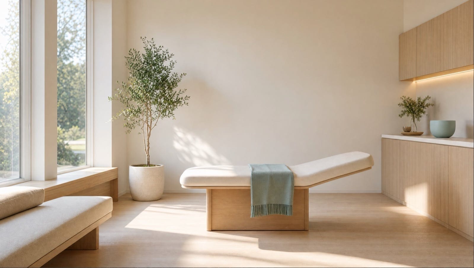 A calm, empty treatment room at a North Sydney skin clinic, with a pale timber treatment couch, olive tree and morning light through tall windows