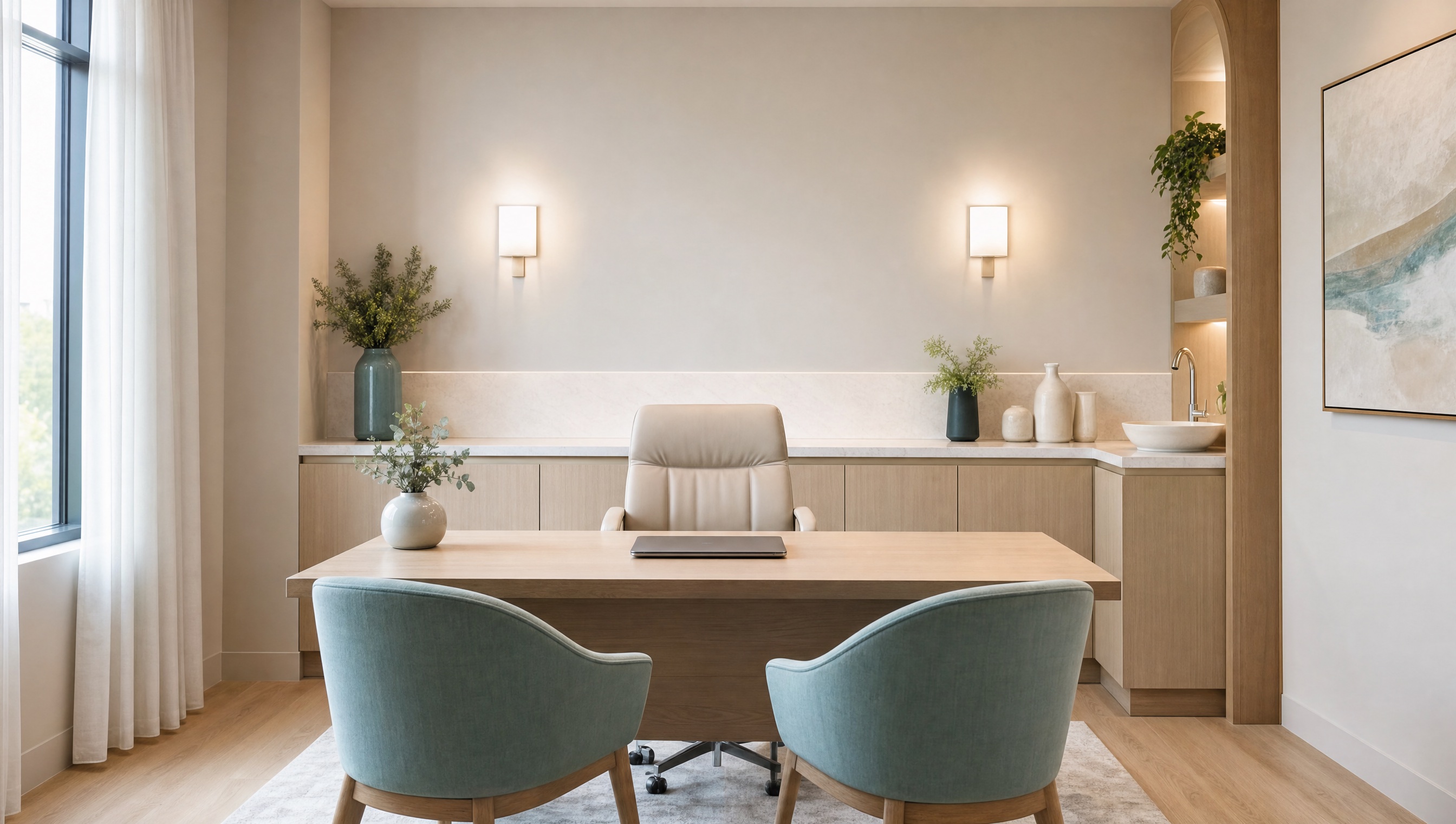 A bright, empty consultation room at a doctor-led skin clinic in North Sydney, with a treatment chair, a desk and natural light through the window
