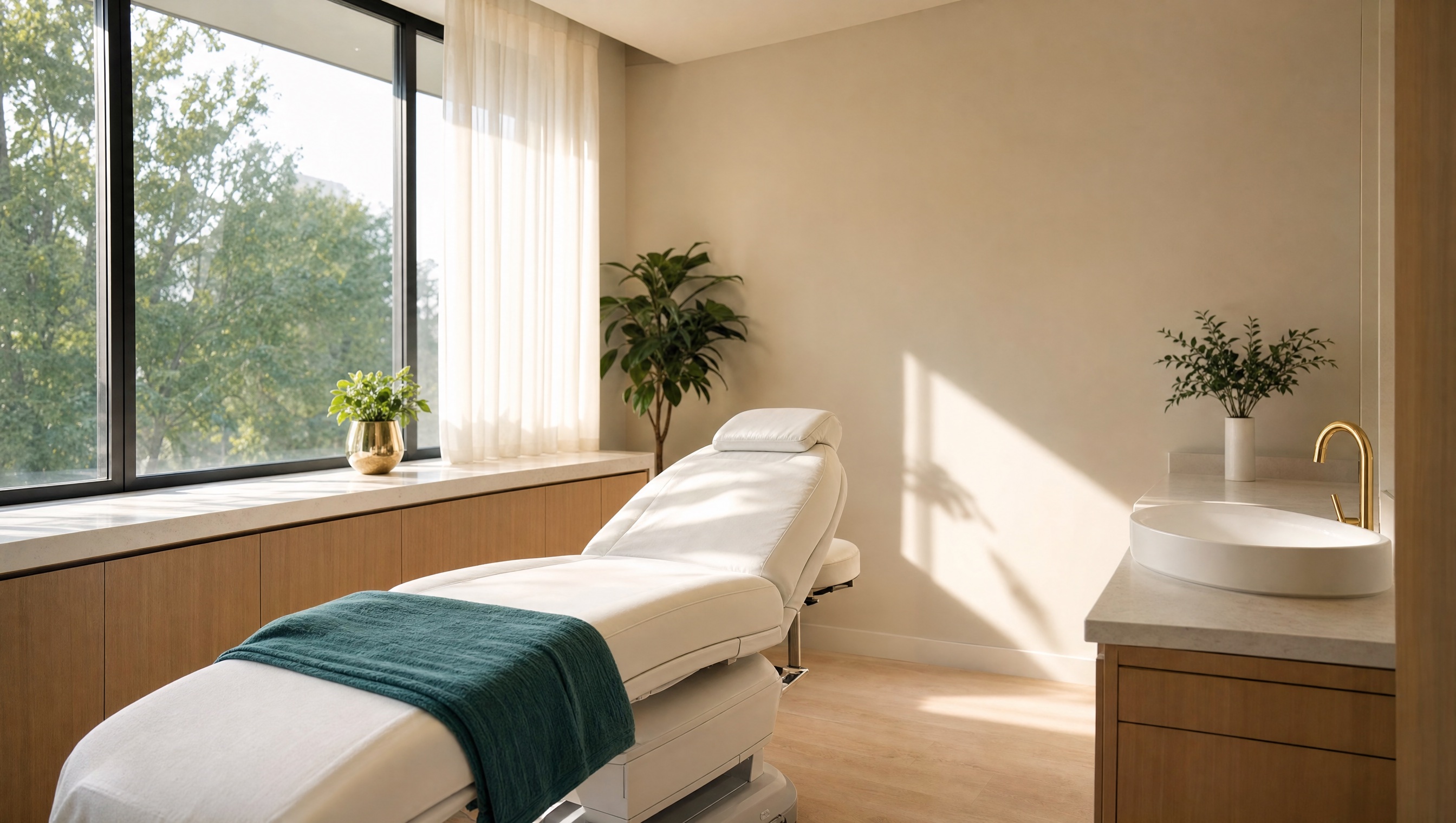 A calm, empty consultation room at a doctor-led cosmetic clinic in North Sydney, with a treatment chair, examination lamp and folded white linen by a bright window