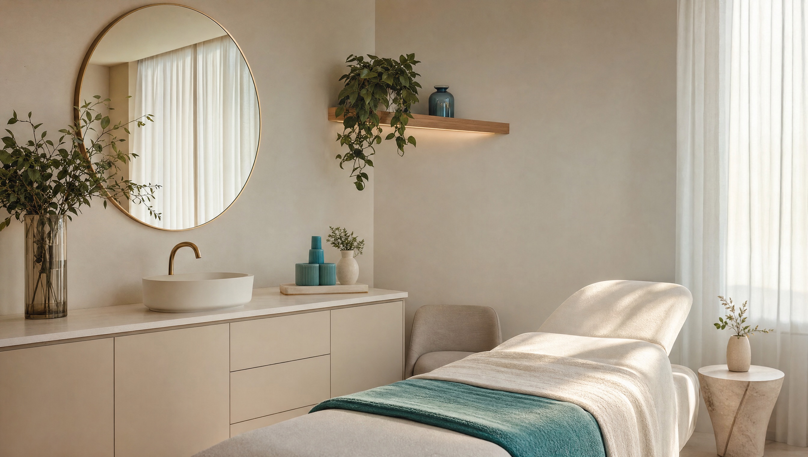 An empty, softly lit consultation room at a doctor-led cosmetic clinic, with an examination chair, a clean white bench and daylight from a large window